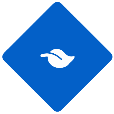 White leaf icon on blue diamond.