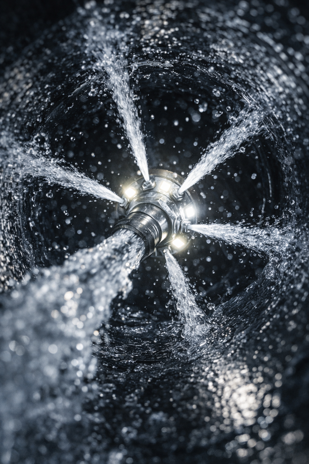A close-up of a showerhead spraying water jets in multiple directions against a dark background.
