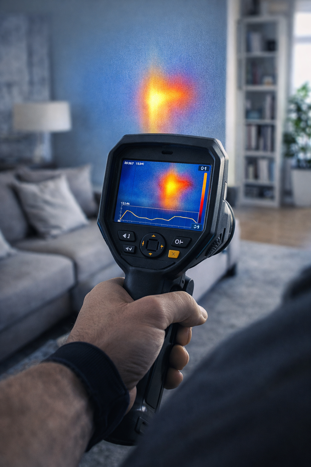 A person holds a thermal imaging camera, displaying a hot spot on a wall in a living room.
