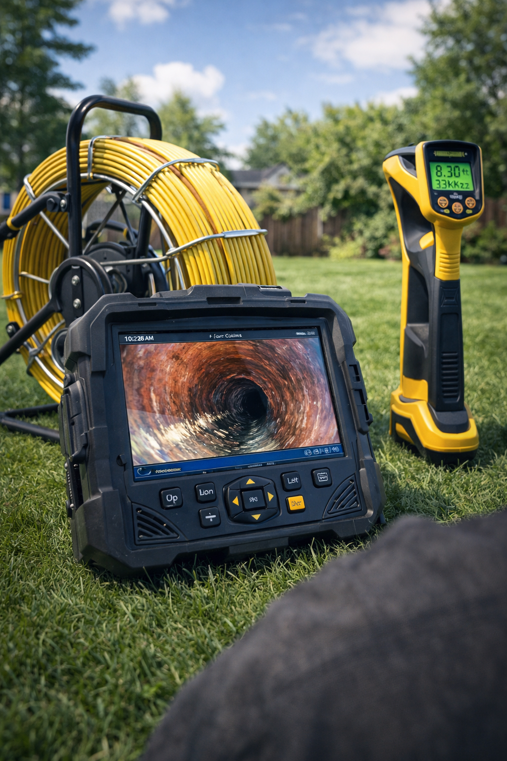 A sewer inspection camera with a screen showing a pipe interior and a handheld yellow locator tool on a grassy lawn.