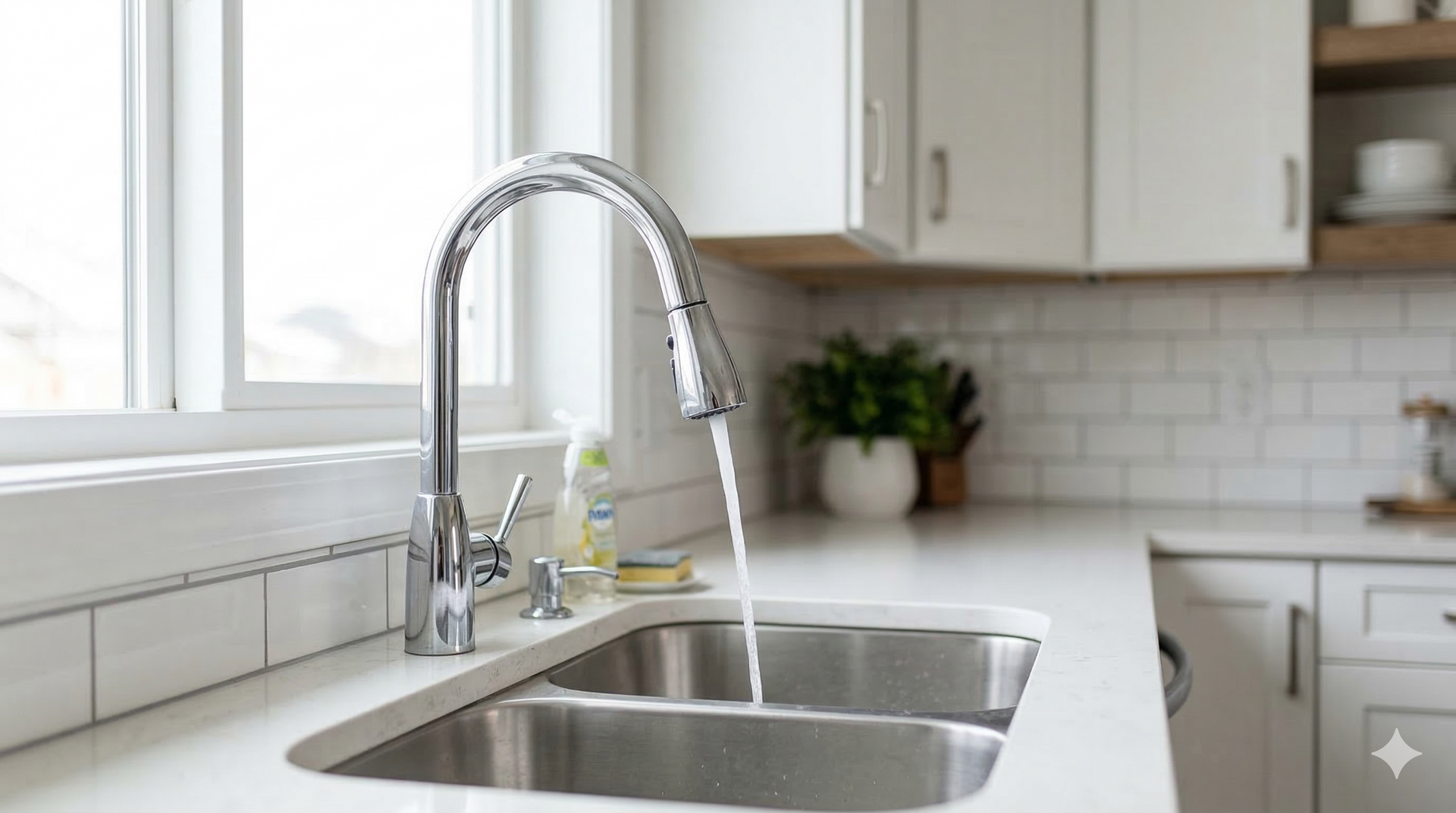 A chrome faucet runs water into a stainless steel double sink in a modern kitchen with white cabinets and tile.