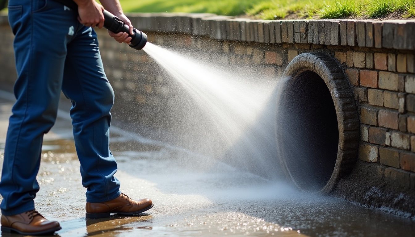 A person in blue trousers uses a power washer to spray water into a brick drainage pipe.