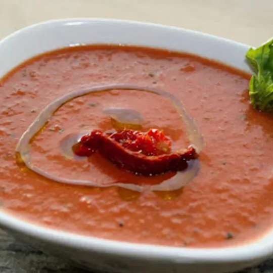 Cream of Roasted Red Pepper & Tomato Soup with Tuscan Herb Oil