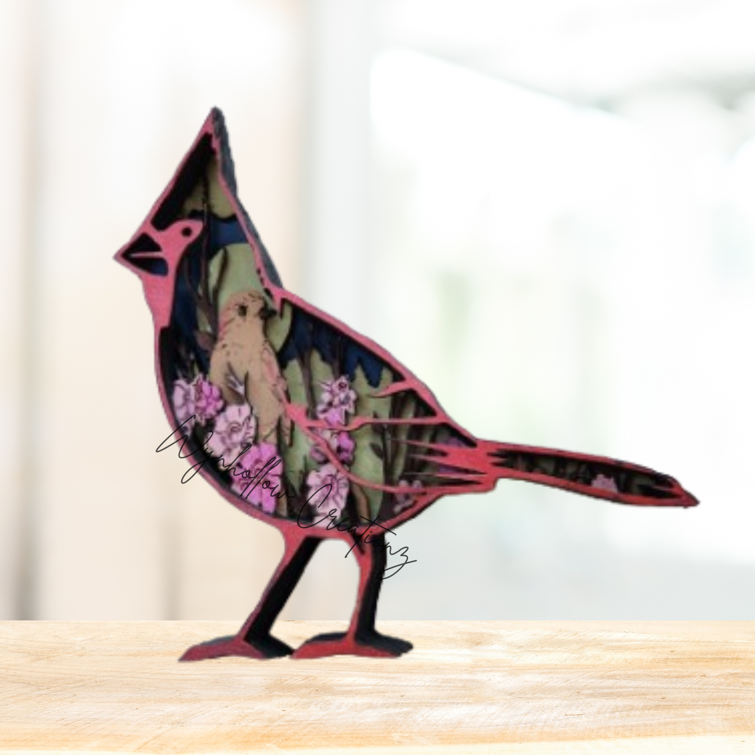 Cardinal Outline With Garden Scene Wood Layer