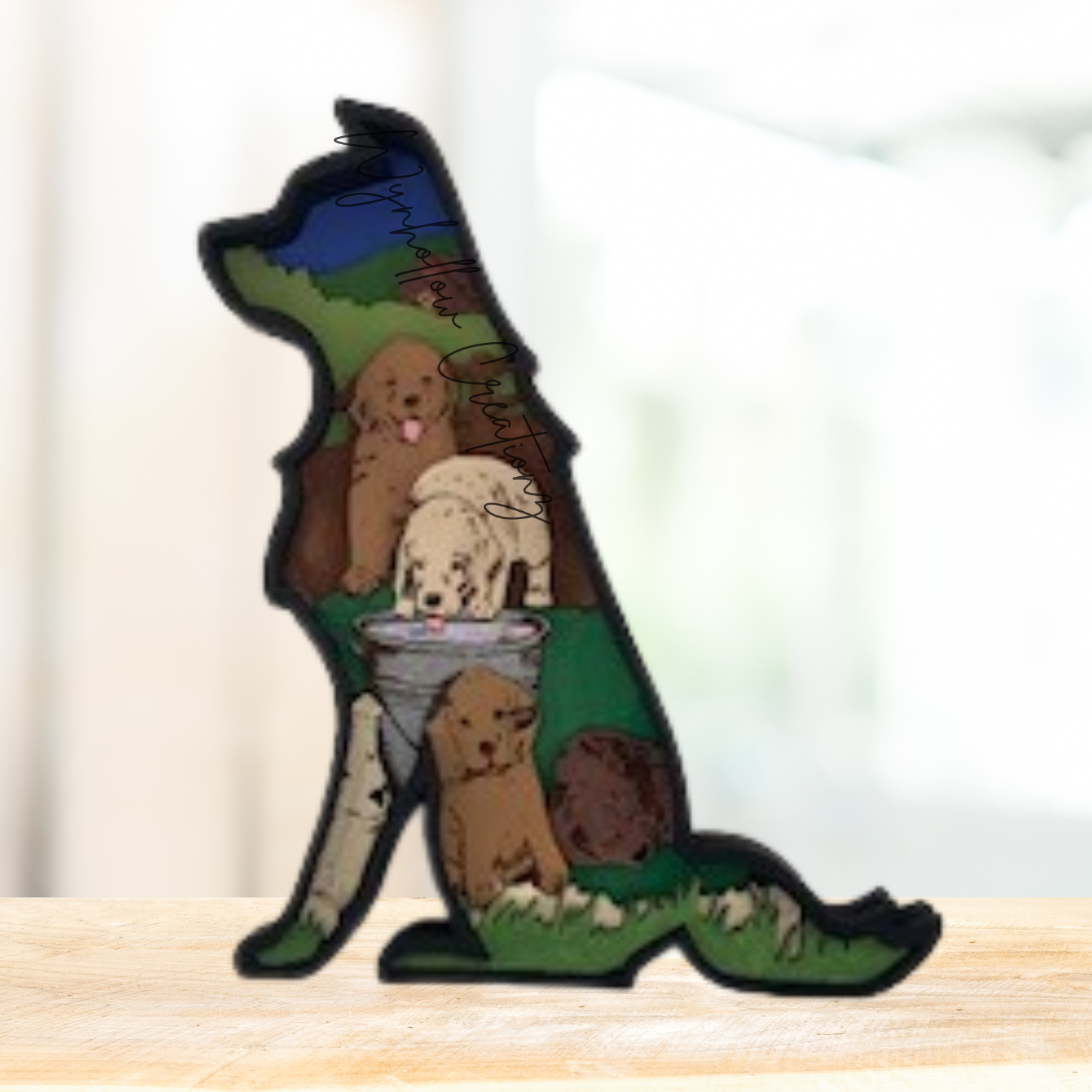 Dog Outline With Puppies At Play Scene Wood Layer