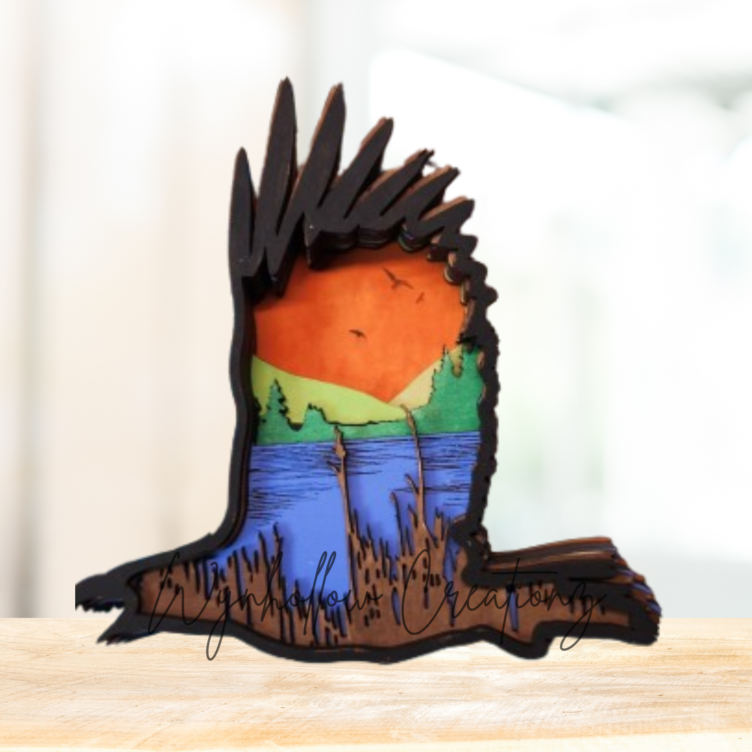 Eagle Outline With Wildlife Lake Scene Wood Layer