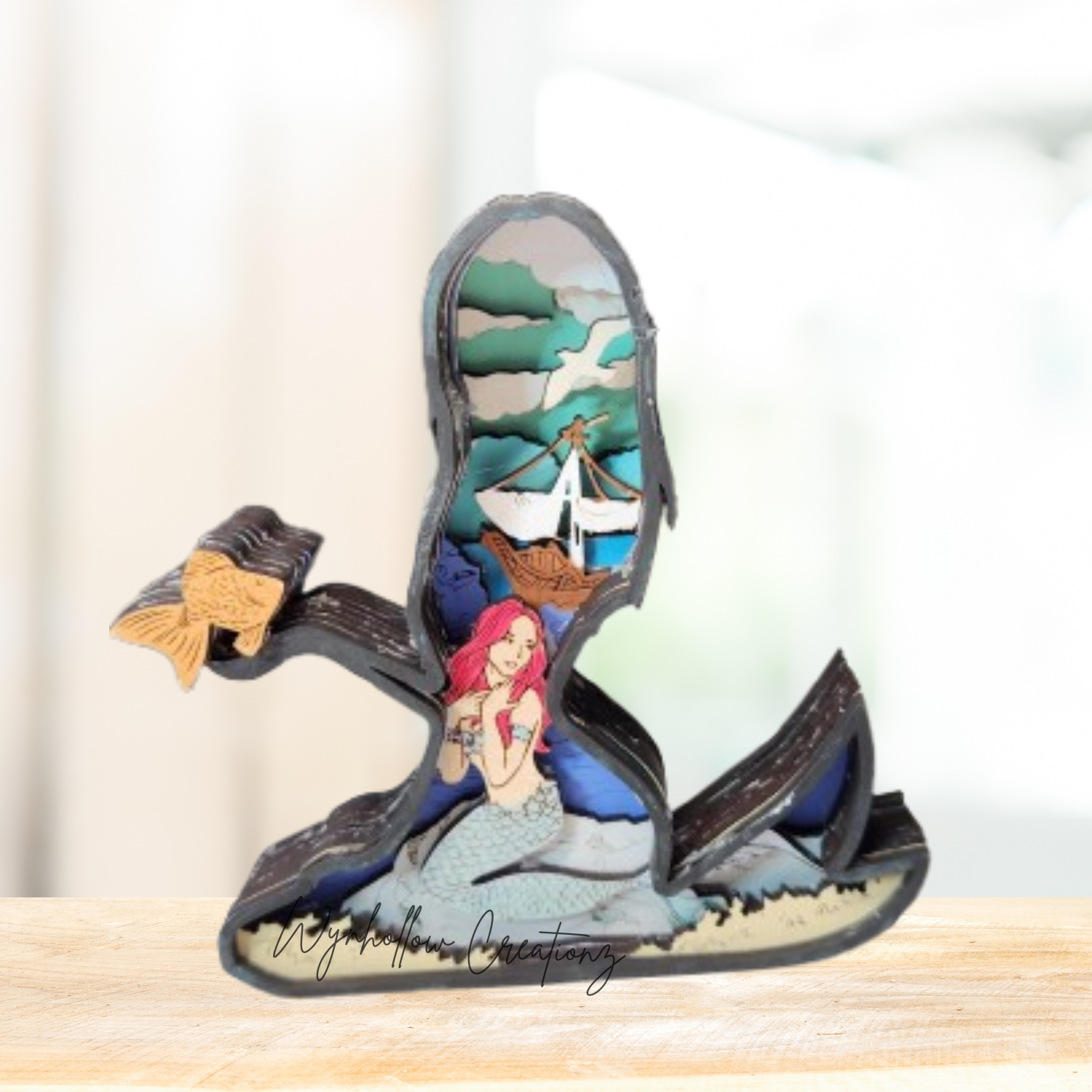 Mermaid Outline With  Ocean Scene Wood Layer