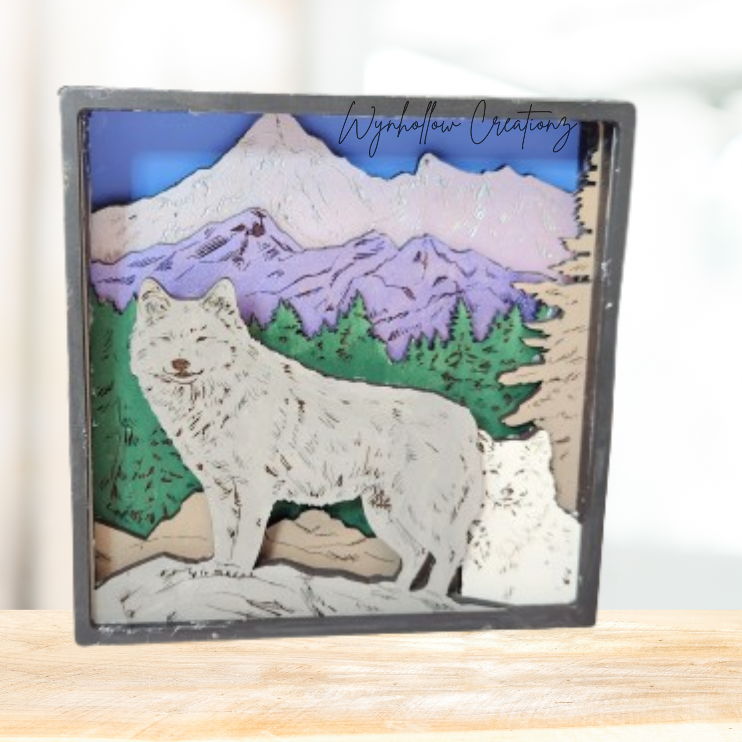 Wolf With Mountain Scene Wood Layer