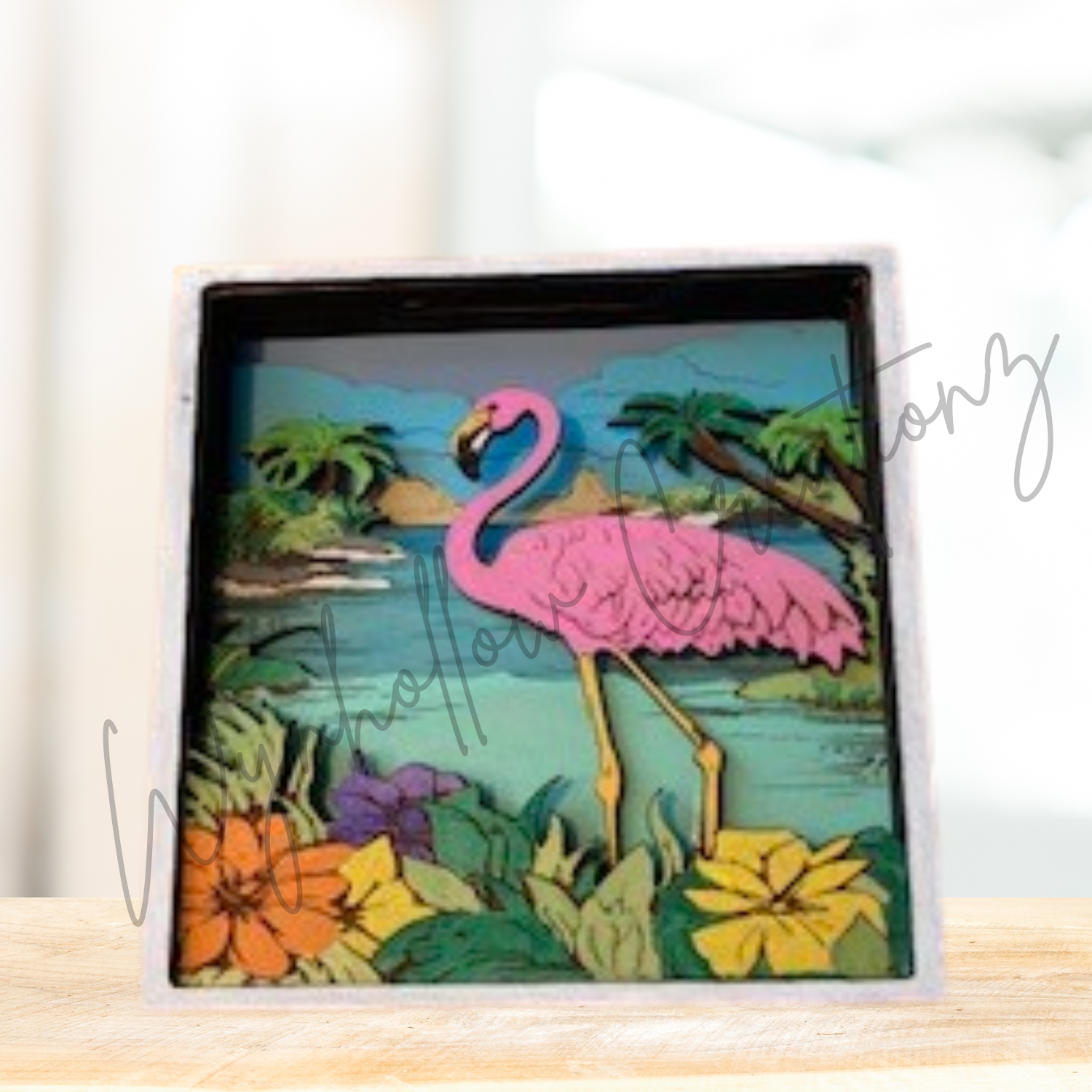 Flamingo  With Beach Scene Scene Wood Layer