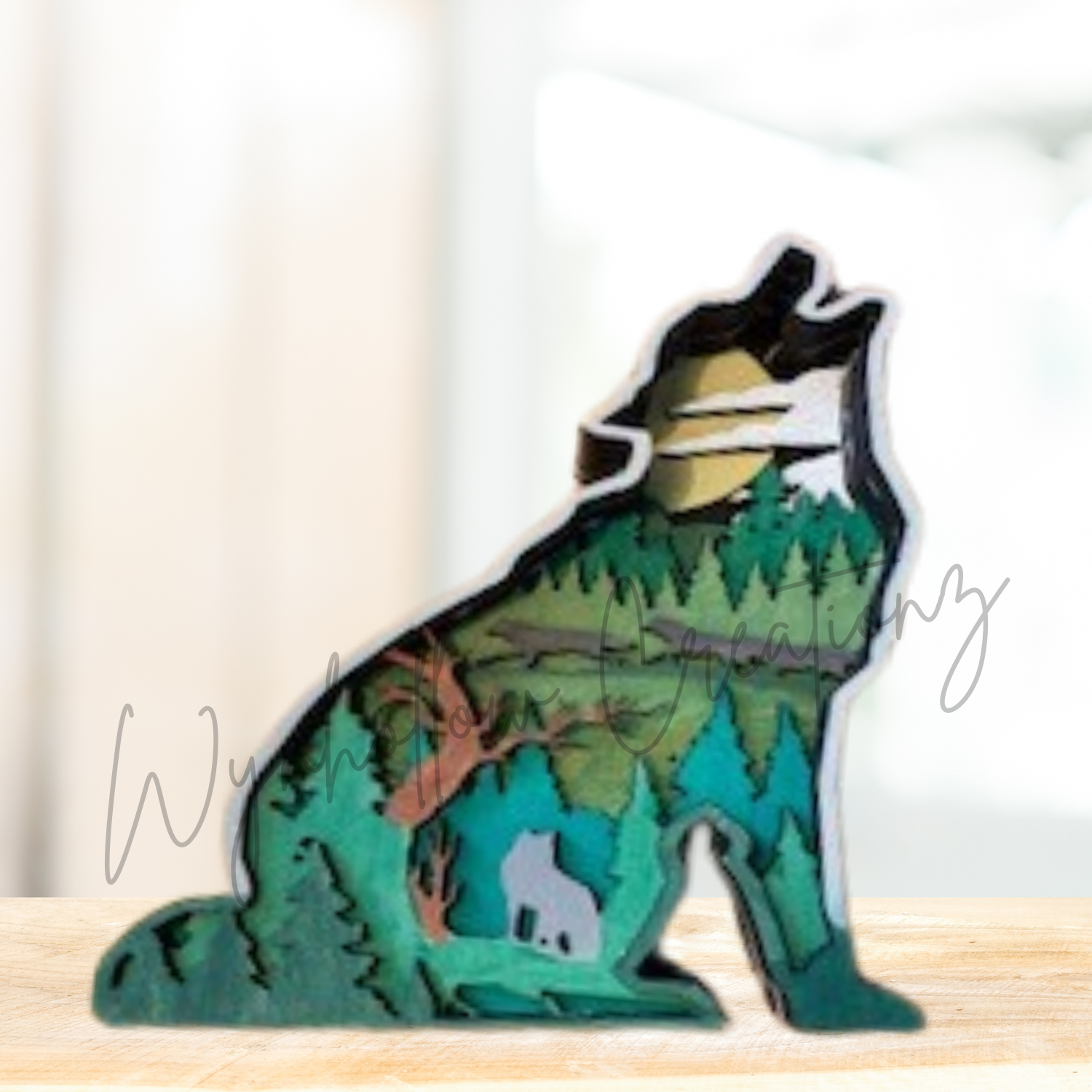 Wolf Outline With Wood Scene Wood Layer