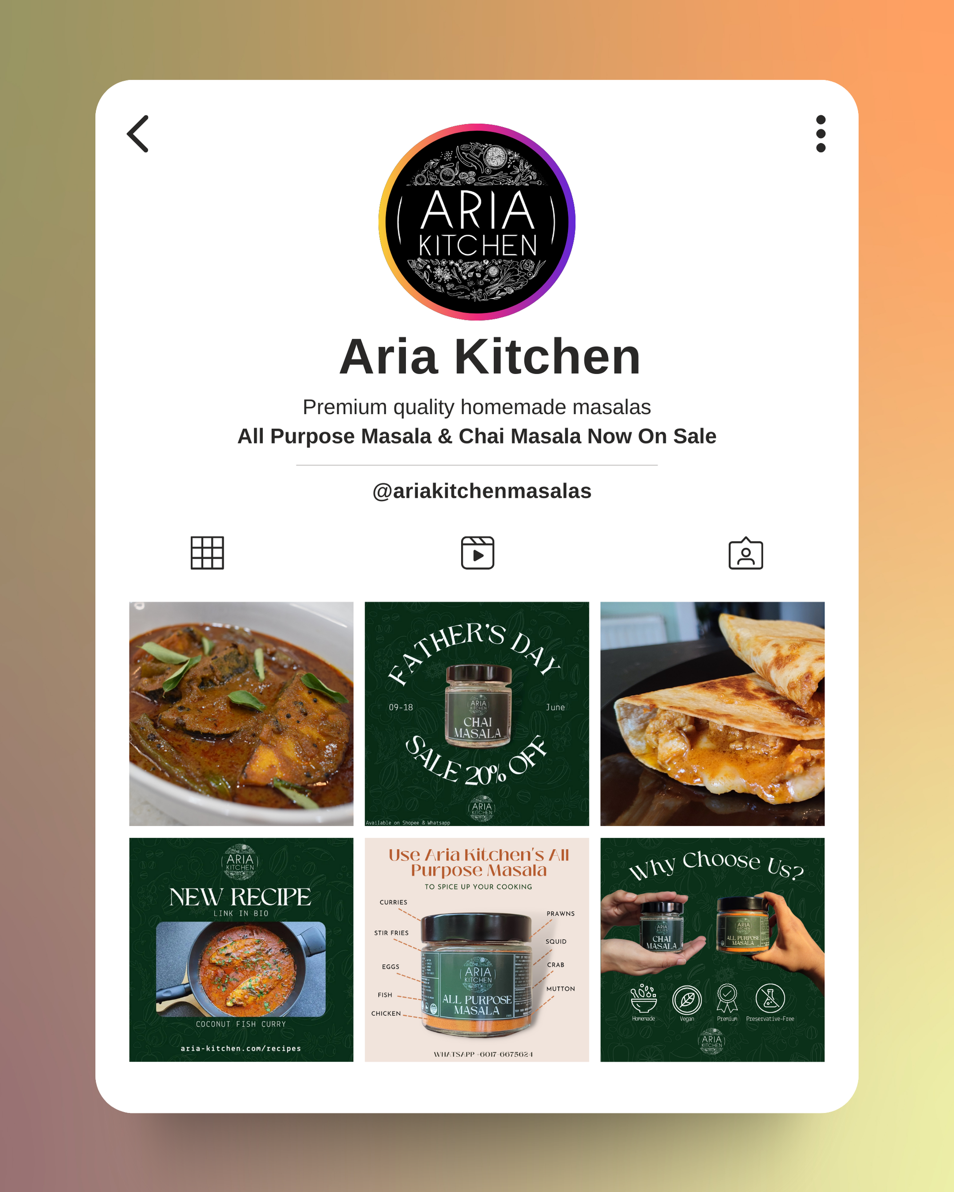 Instagram feed post Aria Kitchen Premium Masala Company Design project 