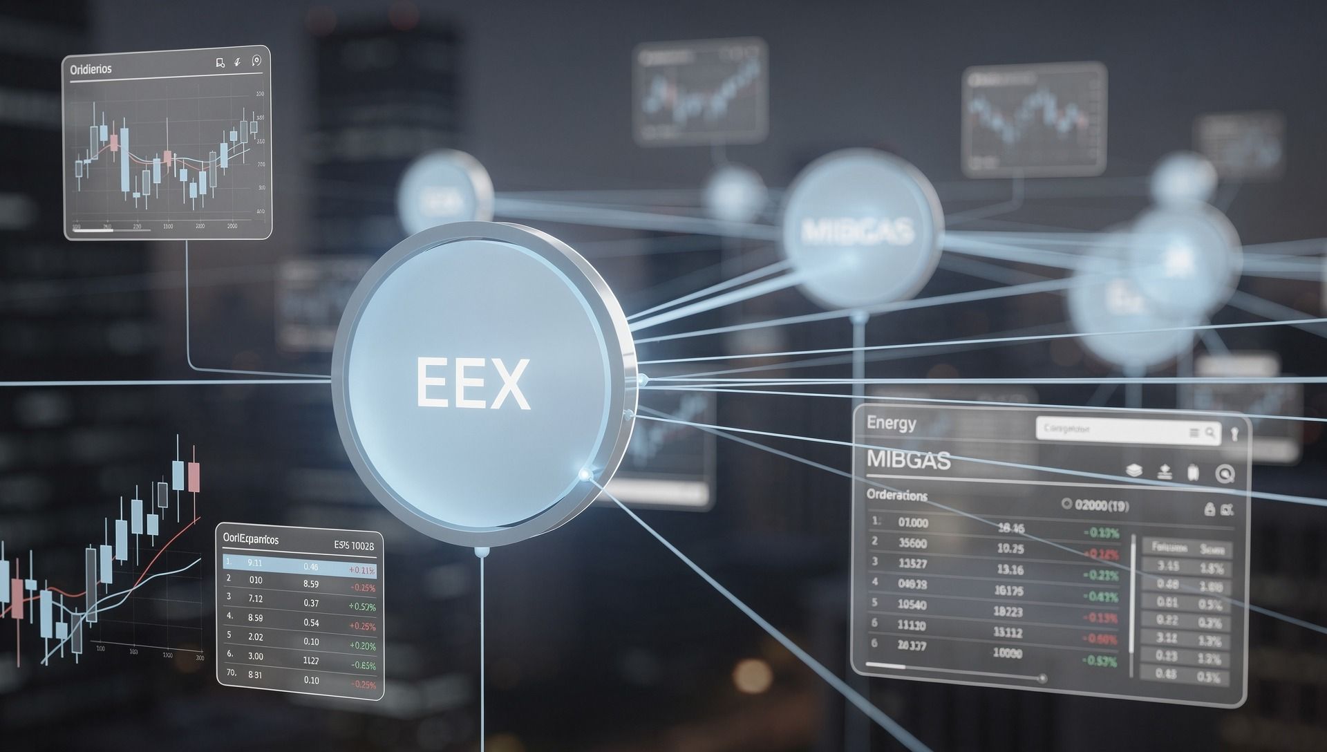 A digital depiction of a financial network with floating graphs, data, and interconnected nodes, centered on 