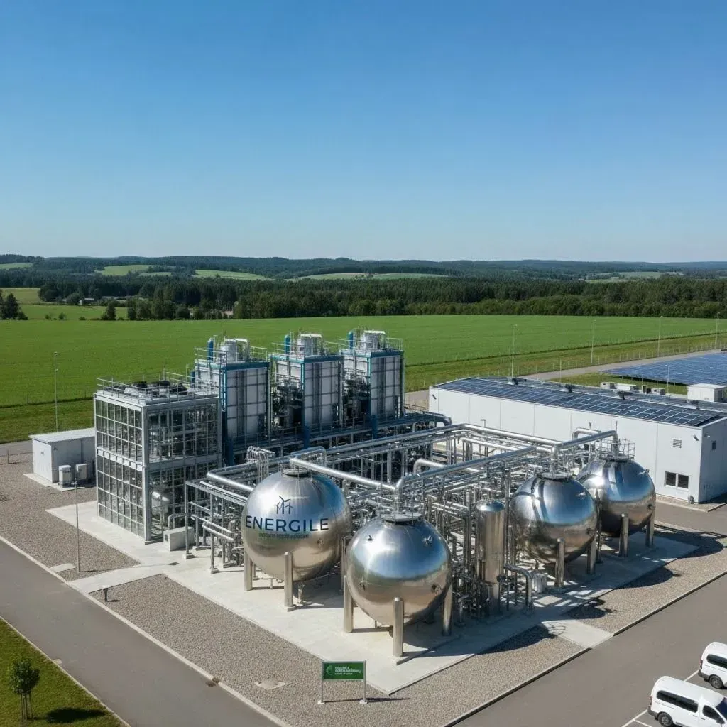 Industrial plant with silver tanks and pipes against a blue sky, surrounded by green fields.