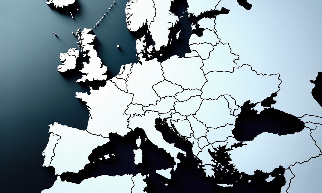 A 3D map of Europe in white with dark blue shading, outlining country borders.