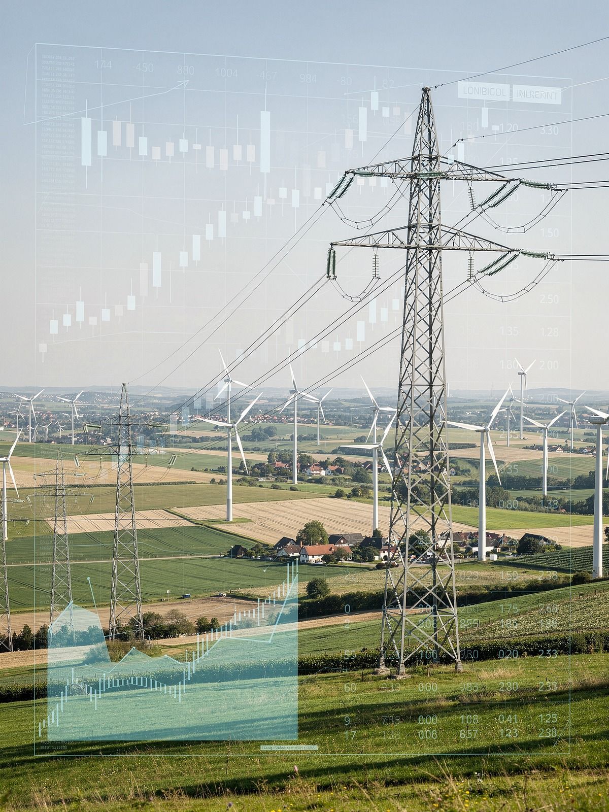 Power lines and wind turbines in a rural landscape, overlaid with financial data charts.