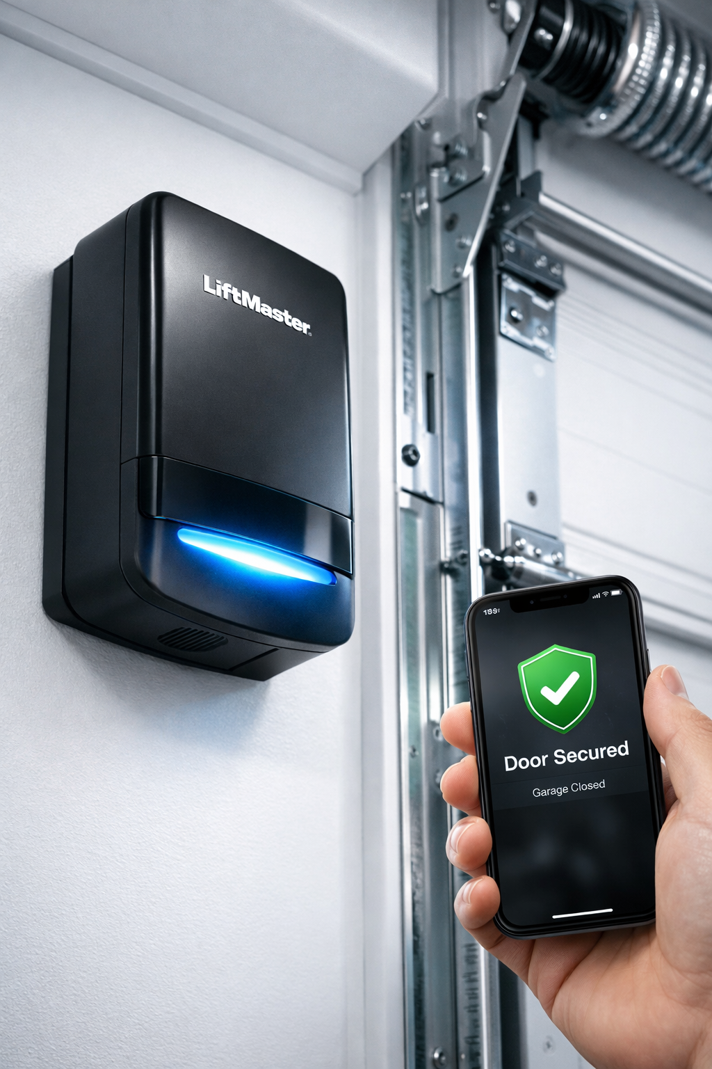 Black garage door opener on wall, hand holding phone showing
