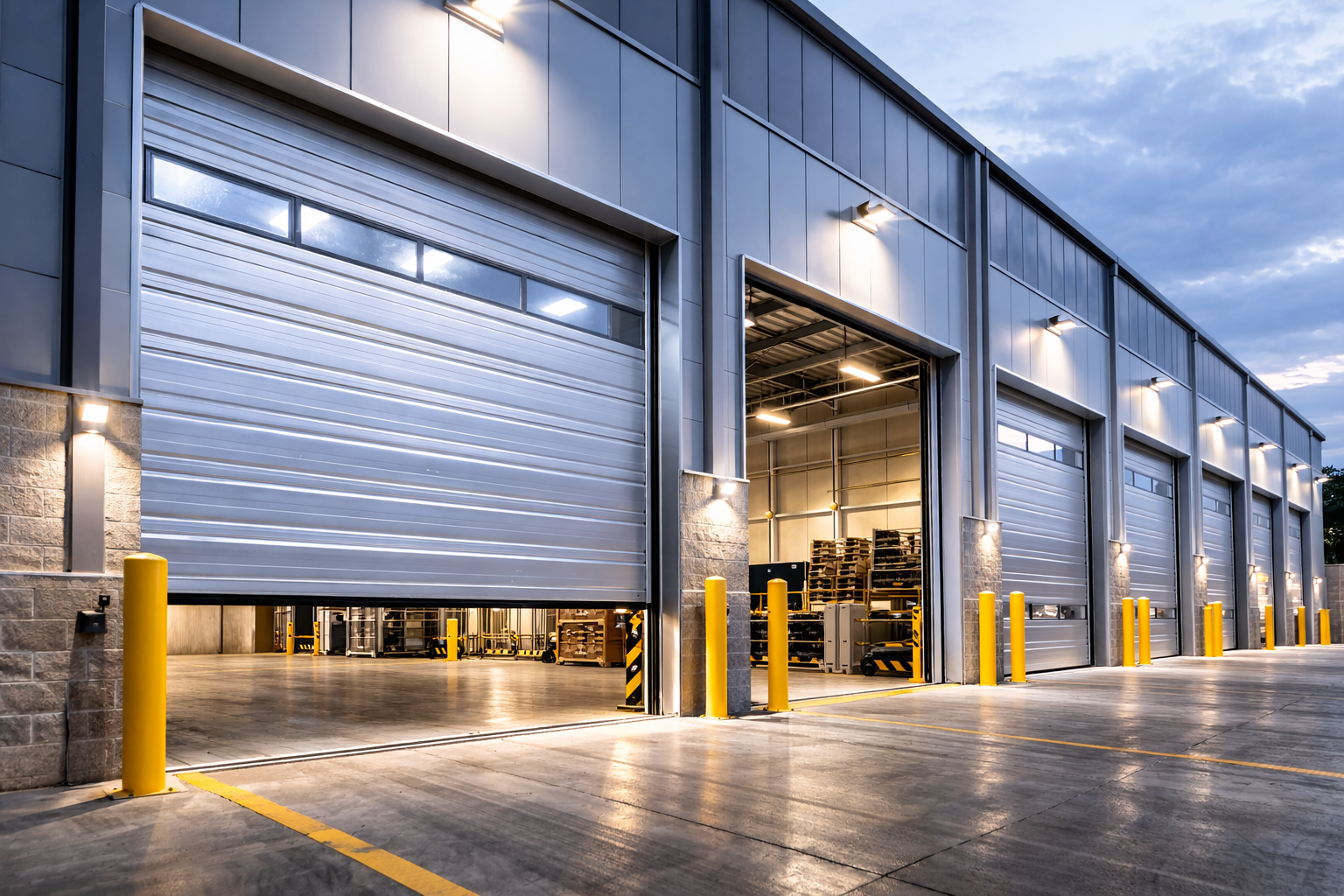 Warehouse exterior with open roll-up doors, concrete floor, overhead lights, yellow bollards.