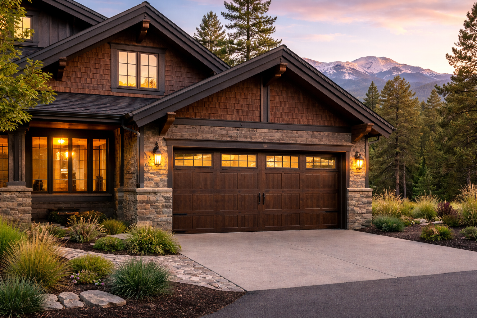 Rustic house with brown garage door, stone accents, and mountain backdrop.