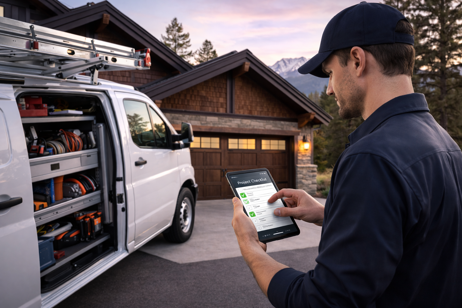 Person using a tablet to design a house with color swatches and samples on a table.