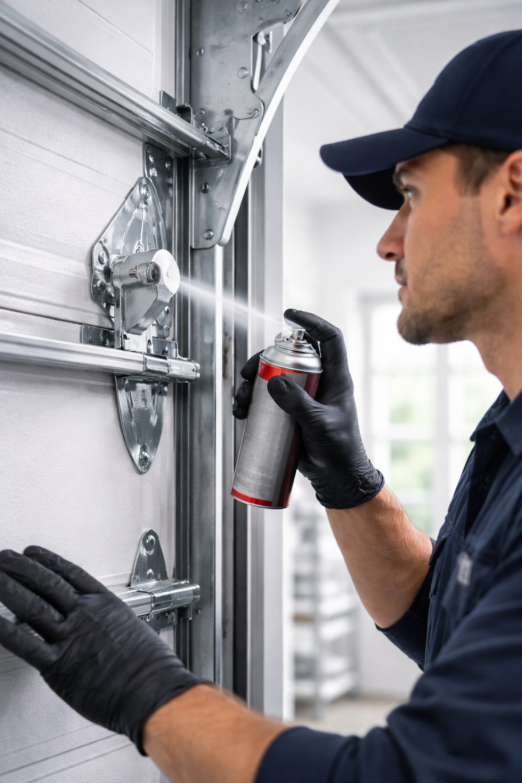 Person in a cap and gloves lubricating a garage door mechanism with spray.