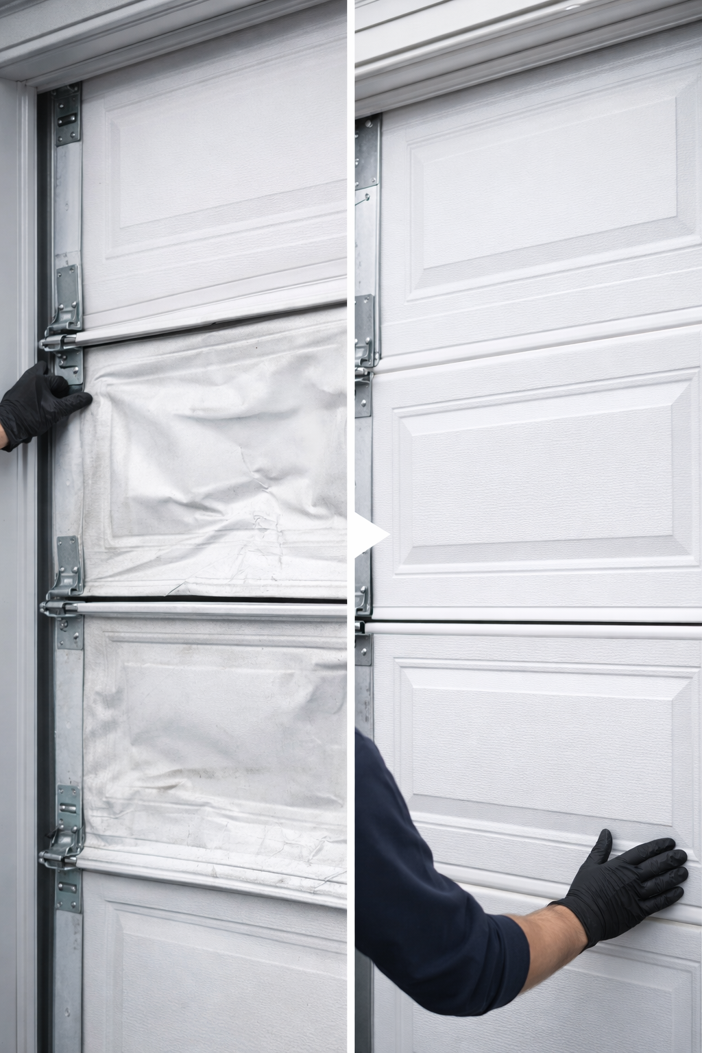 Garage door sections with insulation being installed. Person in black gloves is working.