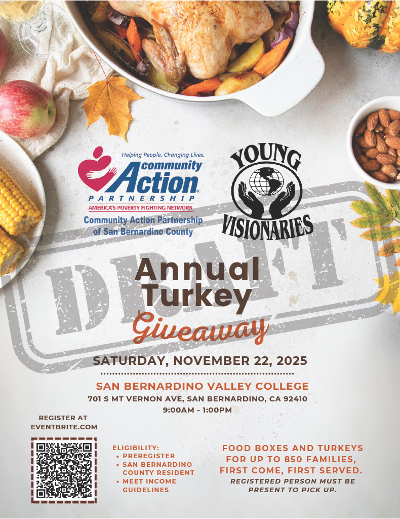 Flyer for an annual turkey giveaway on November 22, 2025, in San Bernardino, CA. Featuring turkey and food.