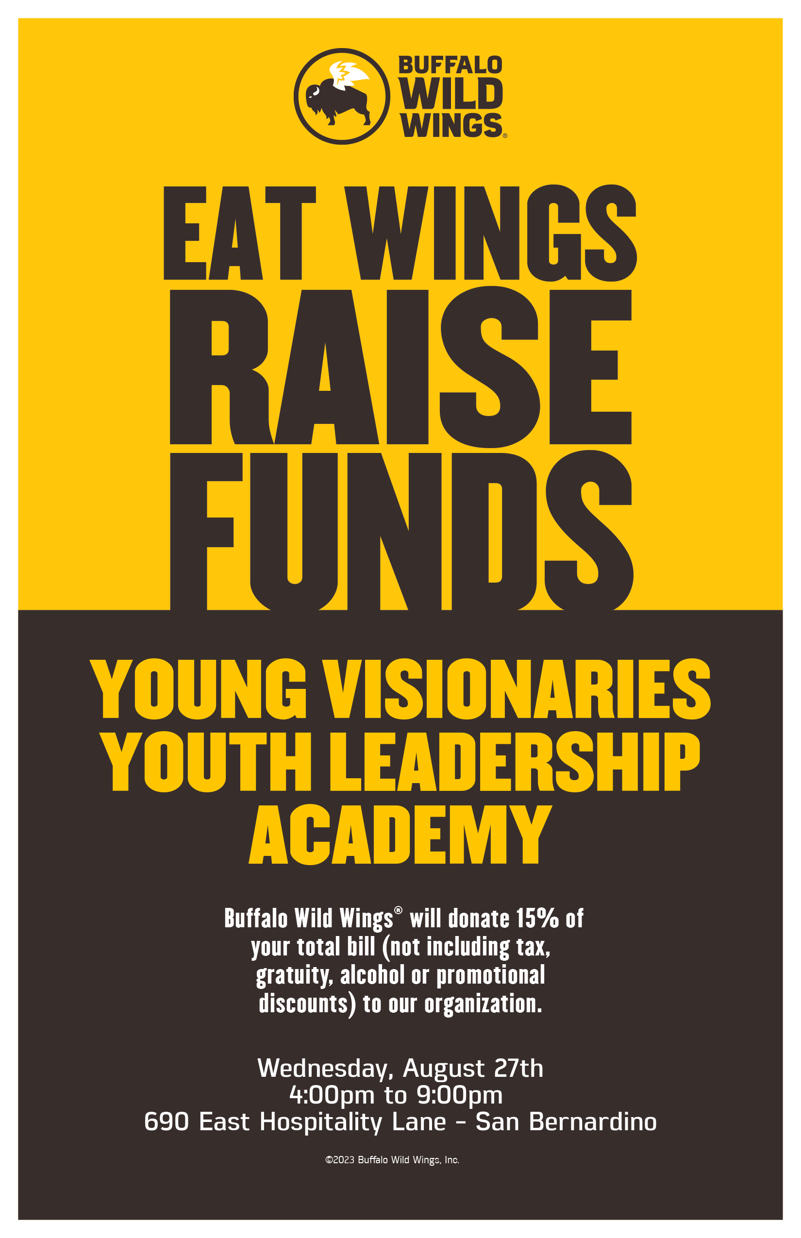 A poster that says eat wings raise funds young visionaries youth leadership academy