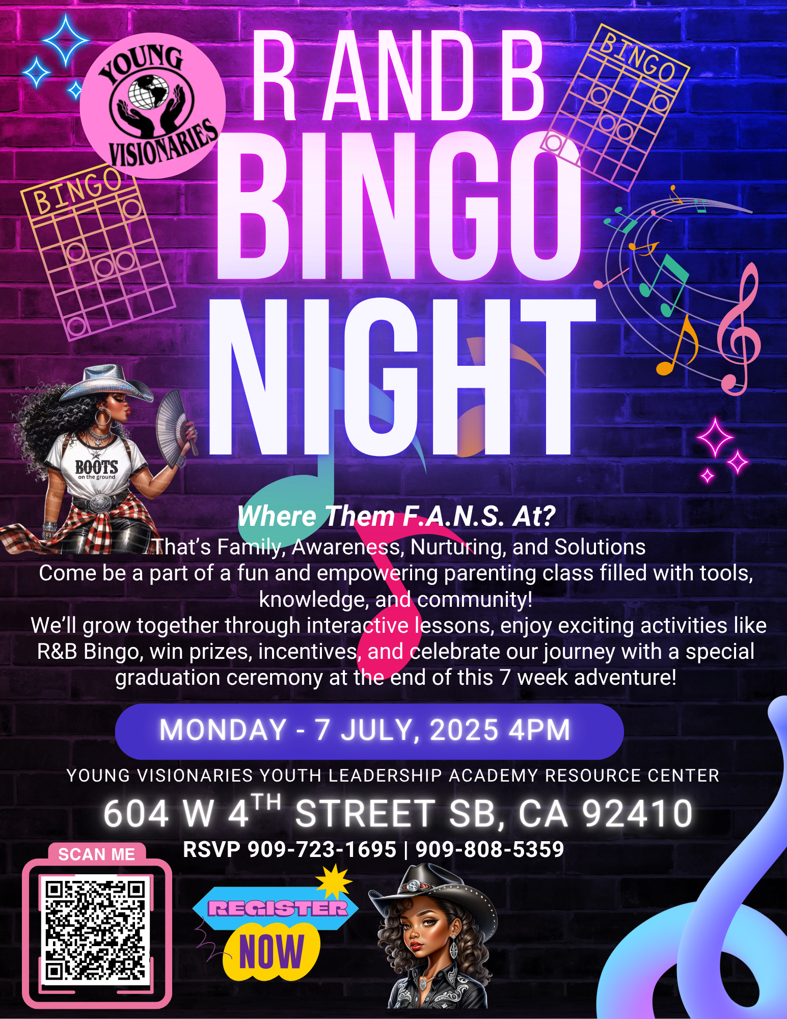A poster for a bingo night with two women on it.