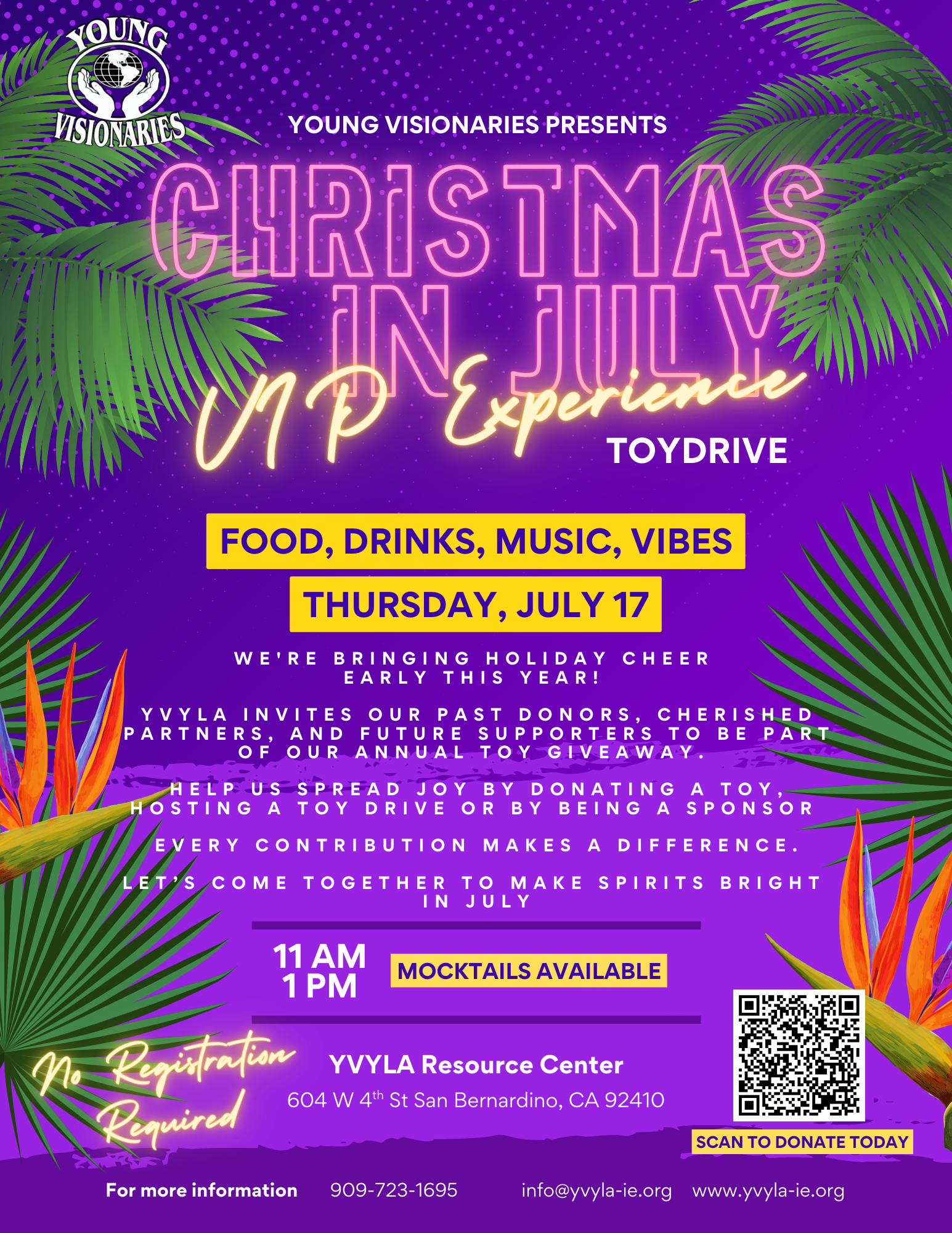 A purple poster for a christmas in july vip experience.