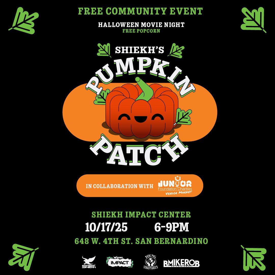 Flyer for a free community Halloween movie night at Shiekh's Pumpkin Patch. Orange pumpkin with a smiley face on a black background.