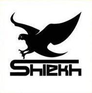 A silhouette of an eagle flying over the word sheikh.