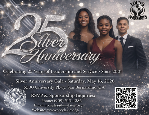 Silver Anniversary gala flyer with three formal portraits, sparkly background, event details, and QR code.