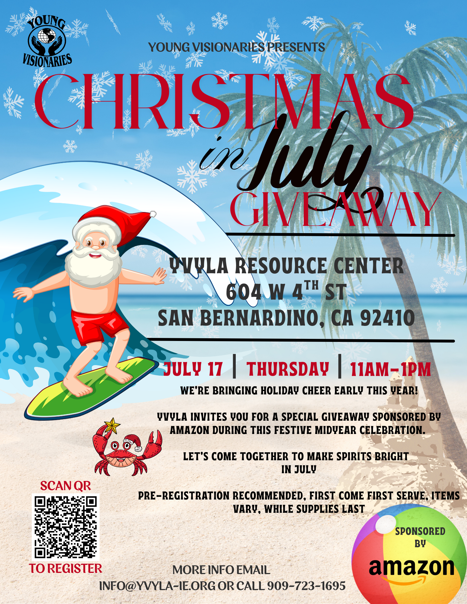 A poster for a christmas in july giveaway with santa claus riding a wave on a surfboard.