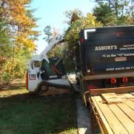 A white Bobcat skid steer loader lifts tree branches into the back of an Asbury's dump truck parked on a rural road.