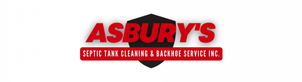 Logo for Asbury’s Septic Tank Cleaning & Backhoe Service Inc. featuring red text on a black shield emblem.