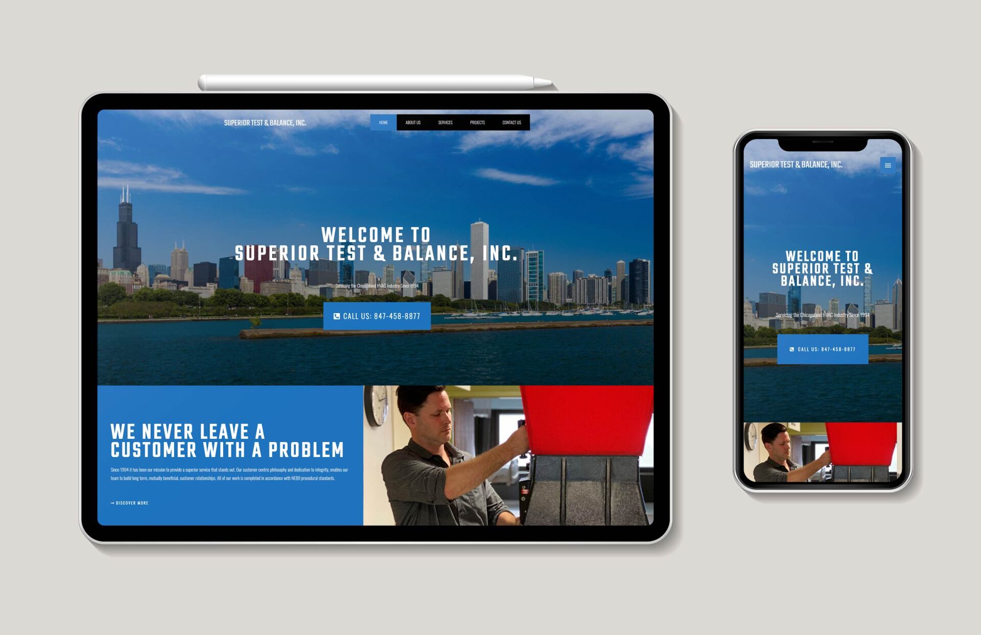 Website on a tablet and a cell phone displaying the fluid website design.