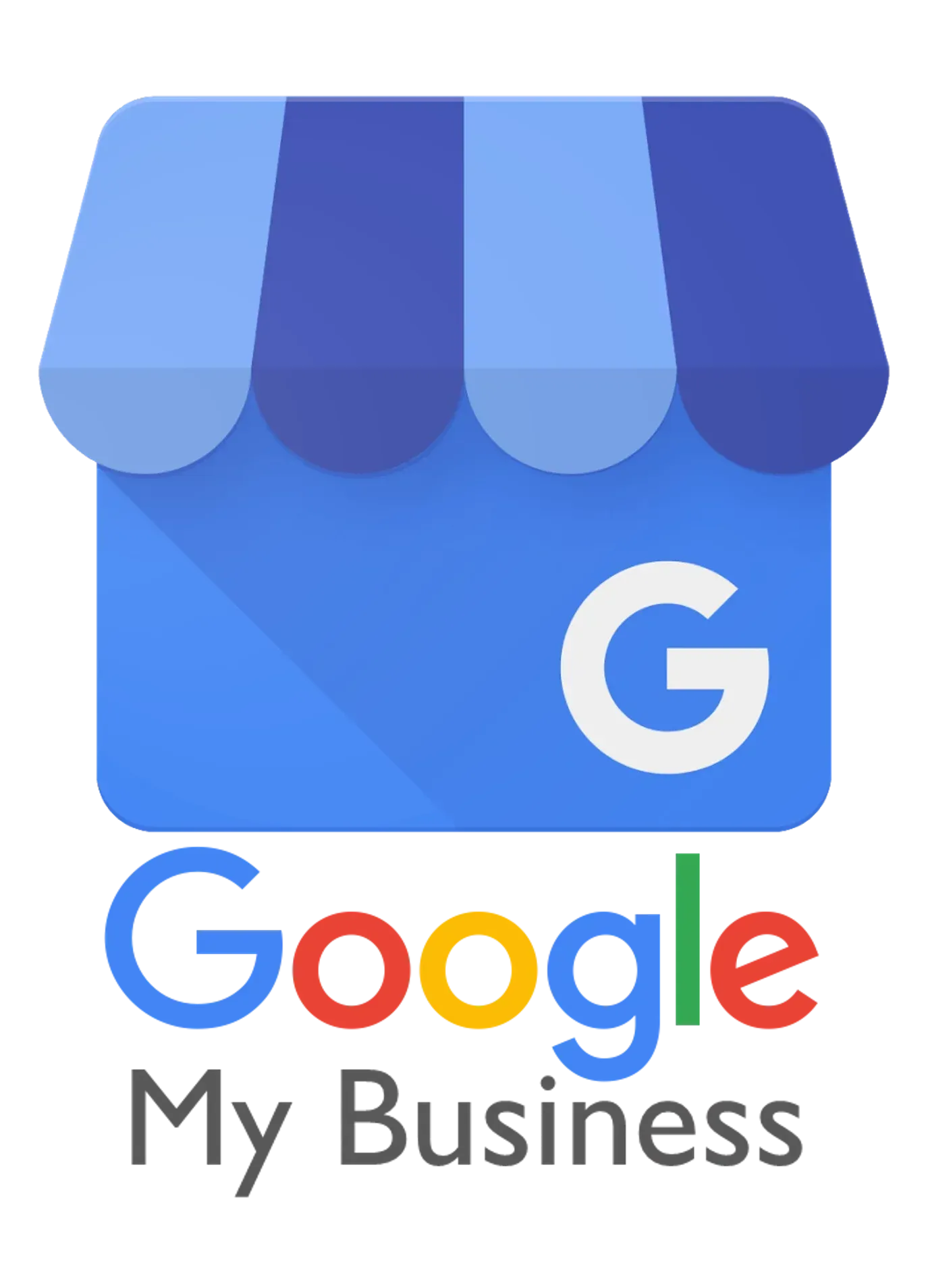A google my business logo with a blue awning on a white background.