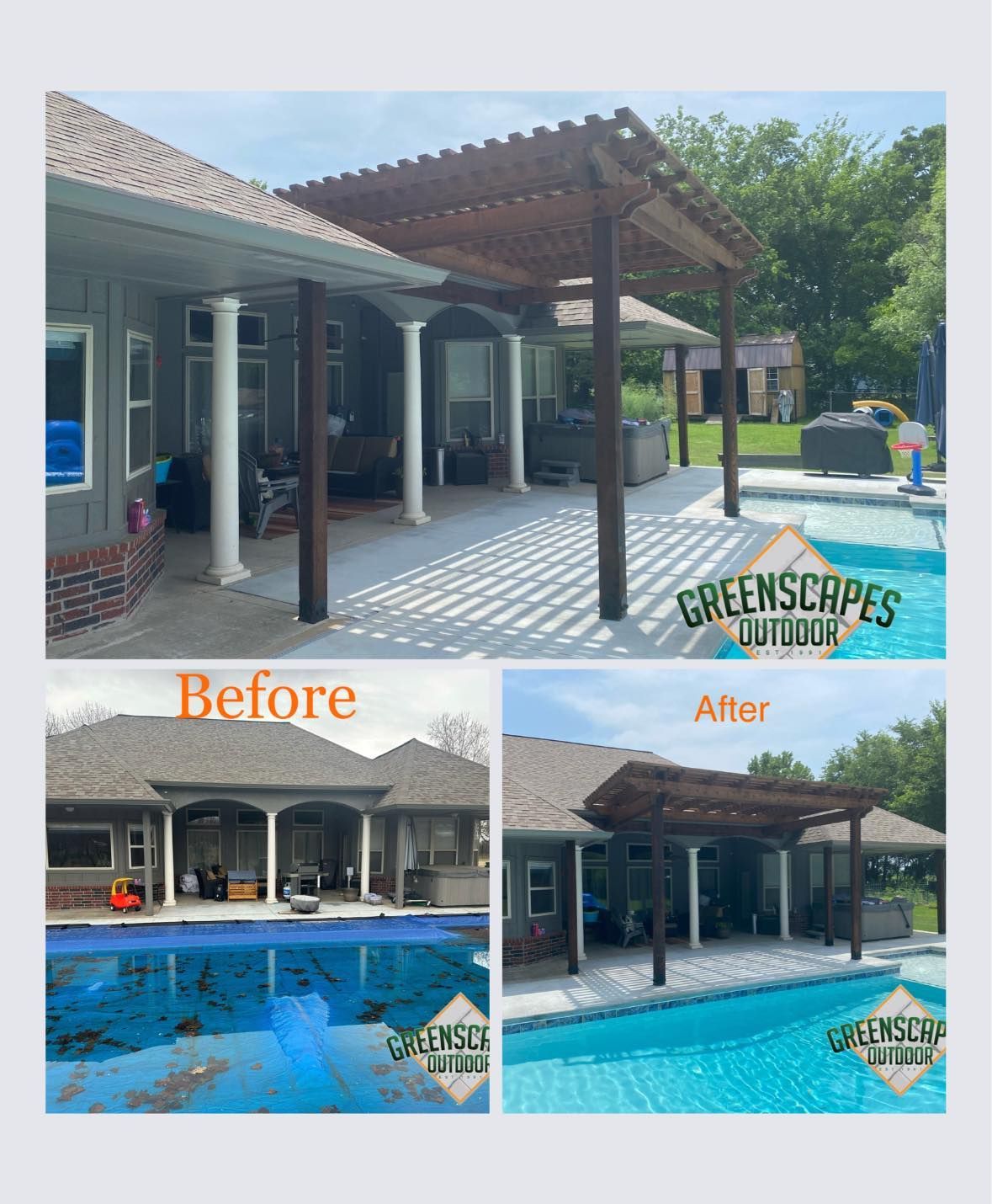A before and after picture of a pergola over a swimming pool.