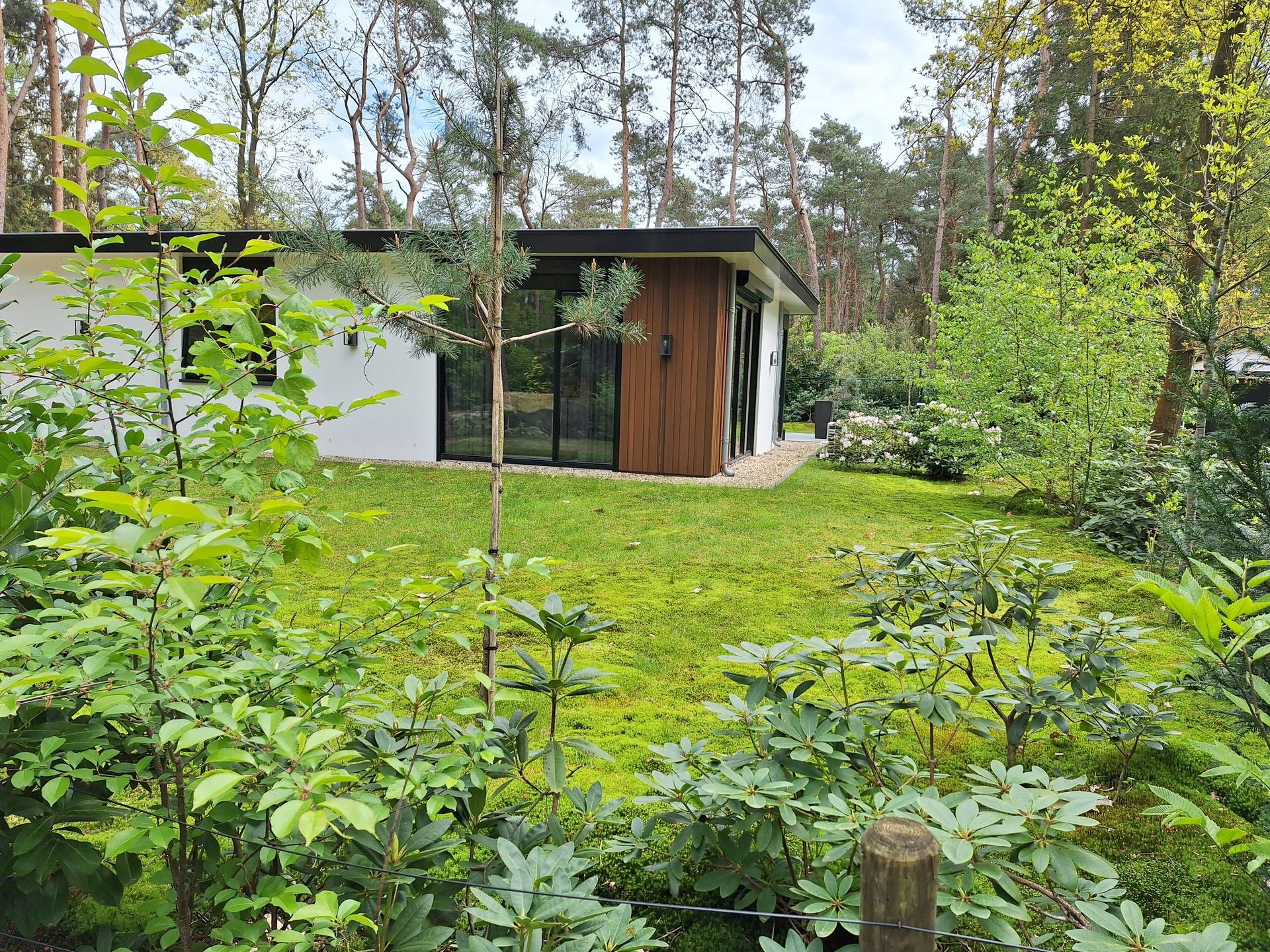 Een modern, wit huis met houten accenten, omgeven door weelderig groen en bomen.
Vakantiehuis Borkerijck  
