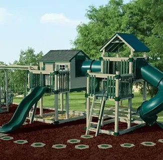 A playground with a slide, swings, and a tunnel.