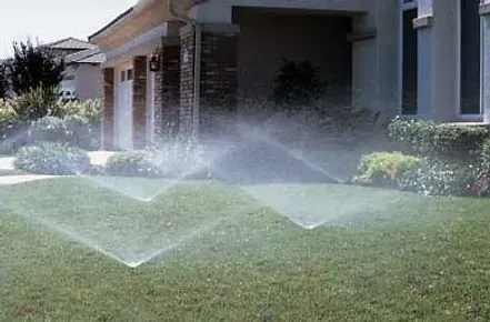 A sprinkler is spraying water on a lush green lawn in front of a house.