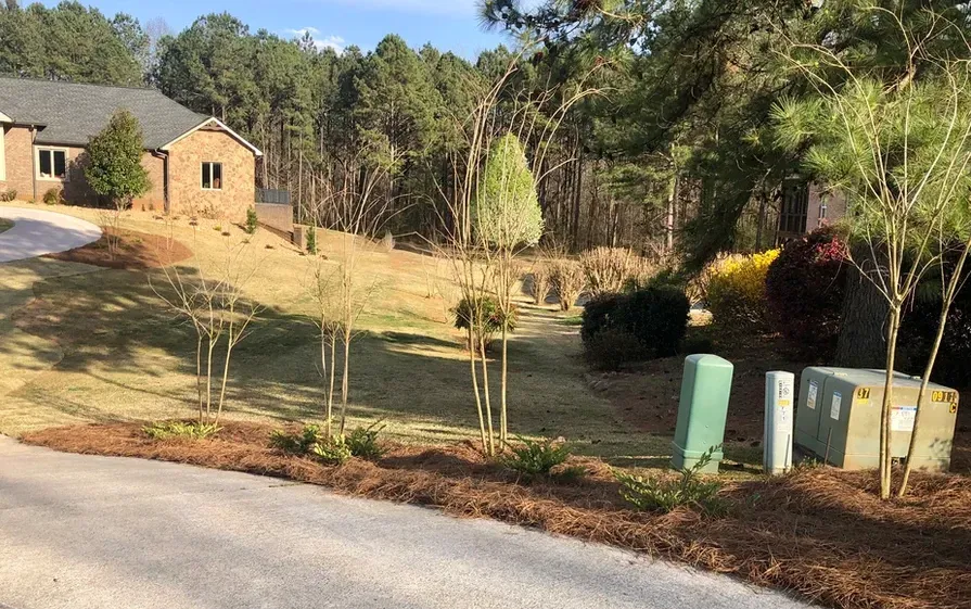 A house is sitting on top of a hill next to a forest.
