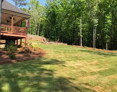 A large lawn in front of a house with trees in the background.