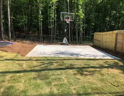 A basketball hoop is sitting on top of a concrete court in a backyard.