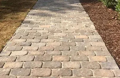 A walkway made of bricks is going through a yard.