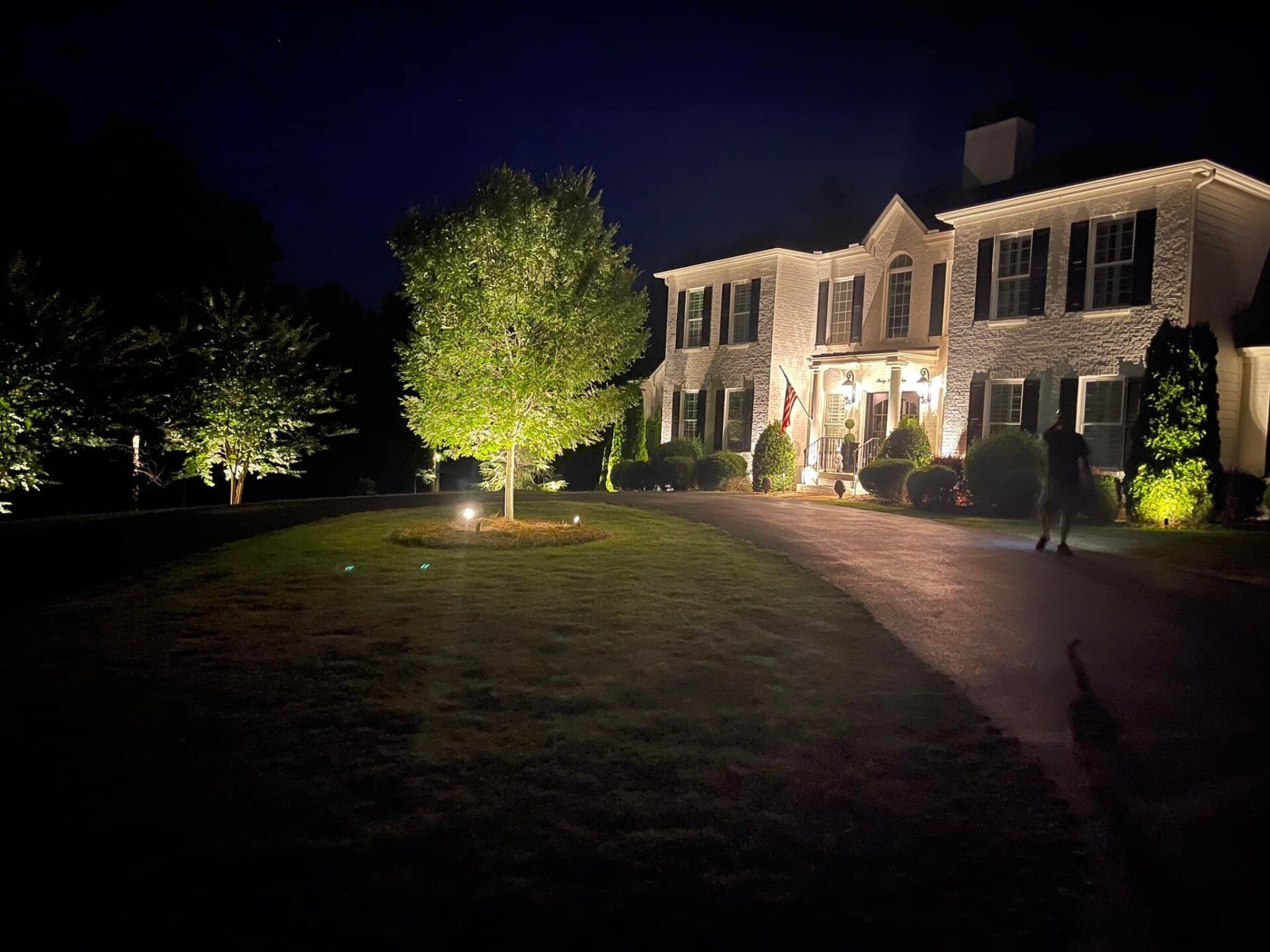 A large house is lit up at night with a tree in front of it.
