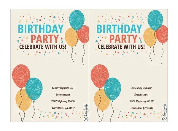A birthday party invitation with balloons and confetti.