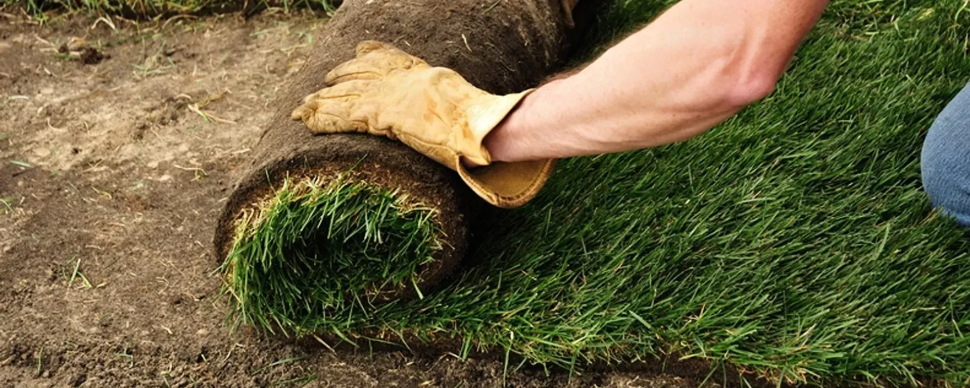 A person is rolling a roll of grass on the ground.