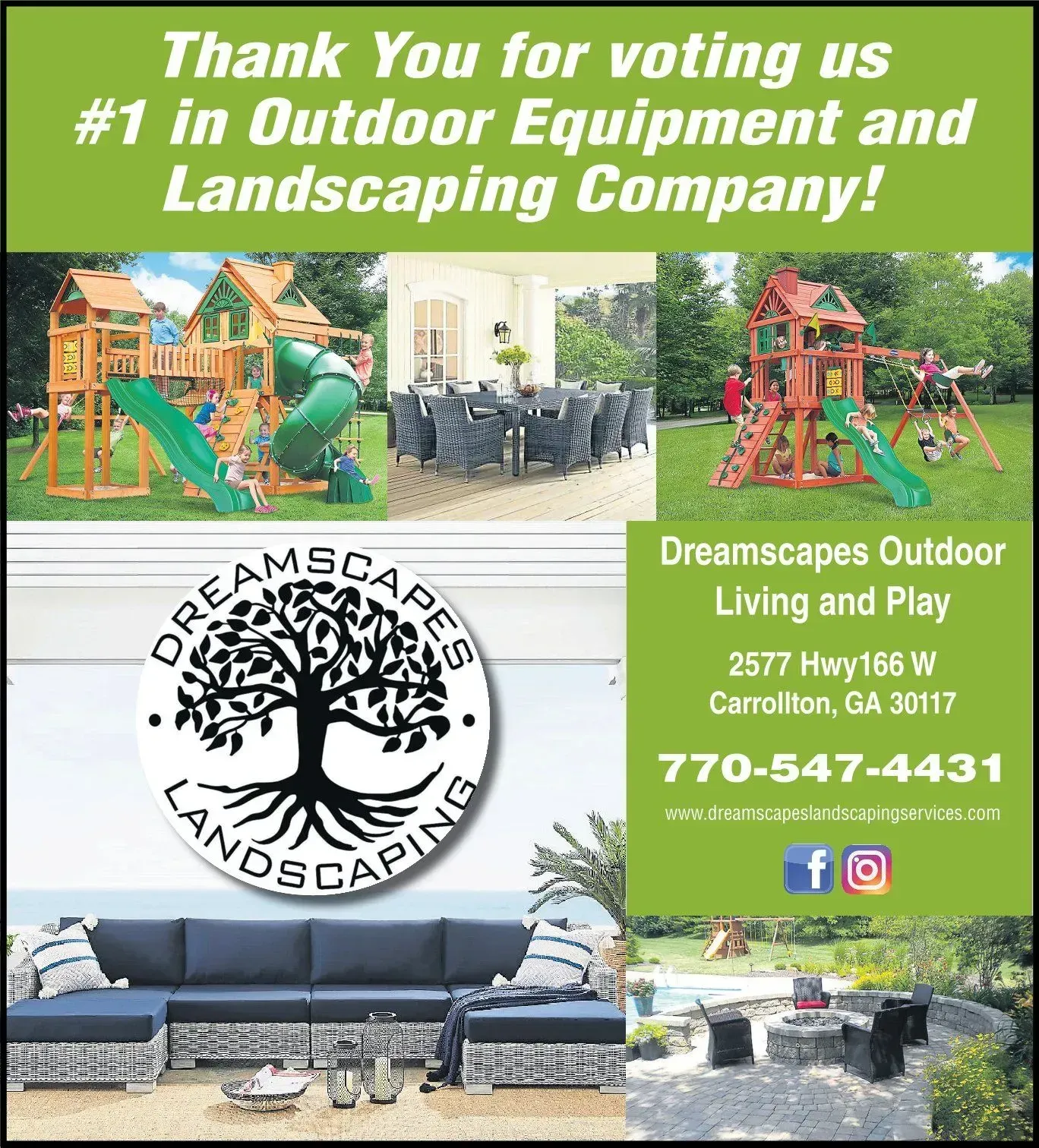 An advertisement for dreamscapes outdoor living and play.