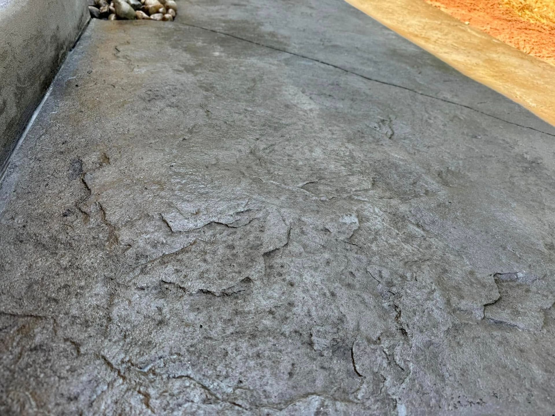 Cracked, weathered concrete surface, with patches of peeling. Sunlit exterior.